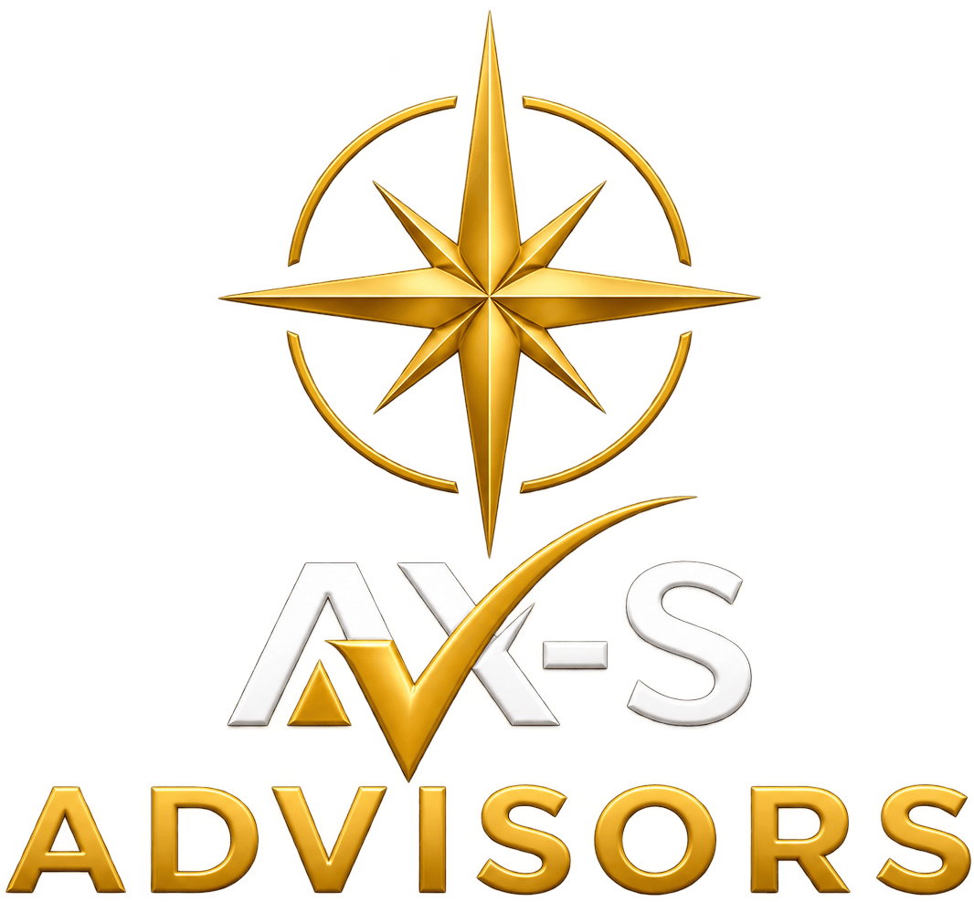AX-Advisors Logo Gold compass rose above the text “AX-S ADVISORS,” with a gold check mark integrated into the letters, on a white background.